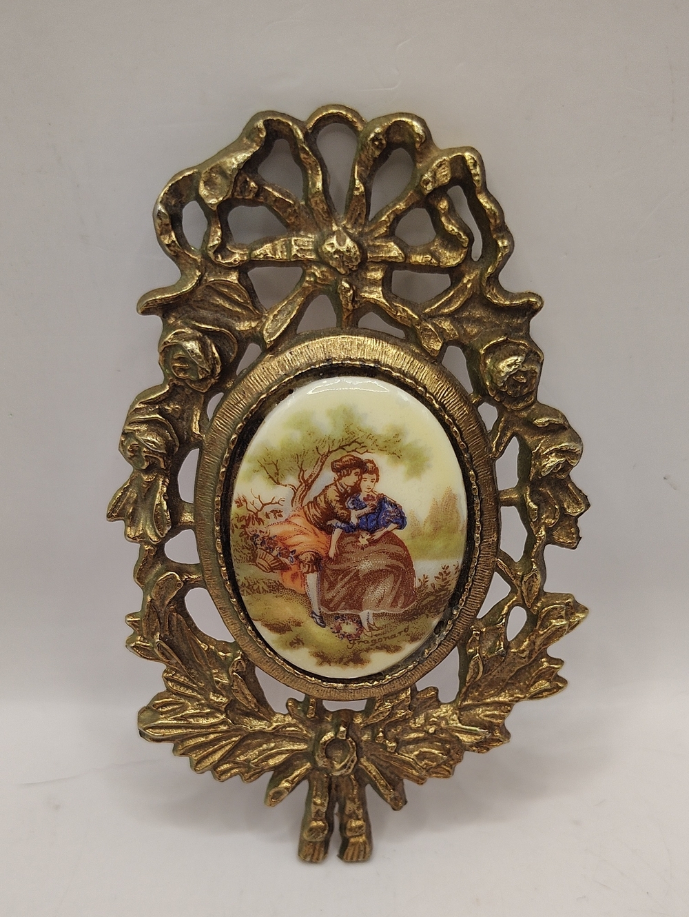 Miniature Fragonard Victorian Style Painting On Porcelain With Brass Frame